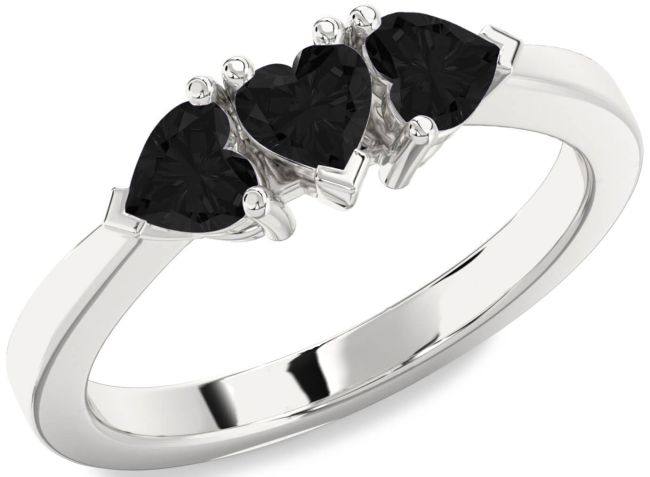 Black Diamond Silver Heart Three Stone Ring