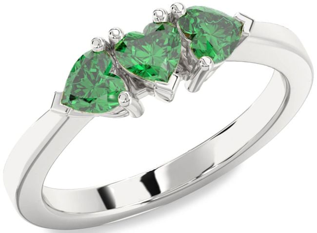 Emerald Silver Heart Three Stone Birthstone Ring