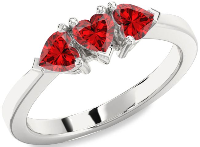 Ruby Silver Heart Three Stone Birthstone Ring