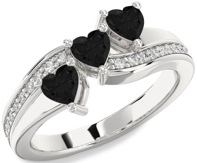 Black Diamond Silver Heart Three Stone Ring