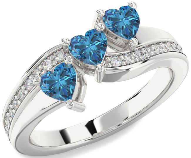 Blue Diamond Silver Heart Three Stone Ring