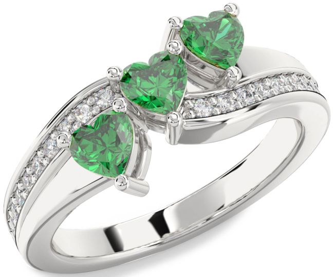 Diamond Emerald Silver Heart Three Stone Birthstone Ring