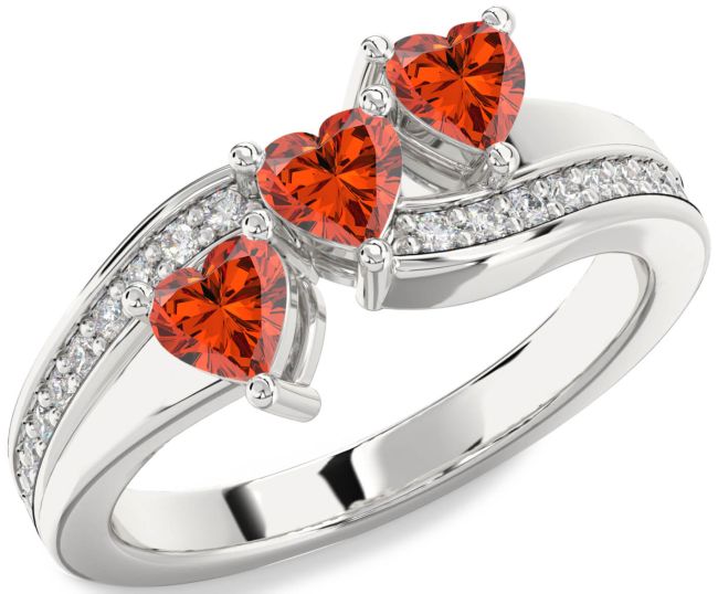 Diamond Fire Opal Silver Heart Three Stone Ring