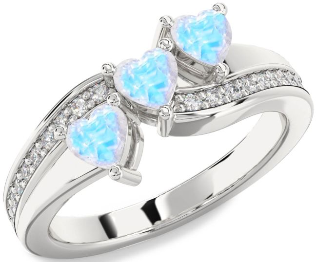 Diamond Moonstone Silver Heart Three Stone Ring