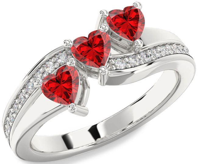 Diamond Ruby Silver Heart Three Stone Birthstone Ring
