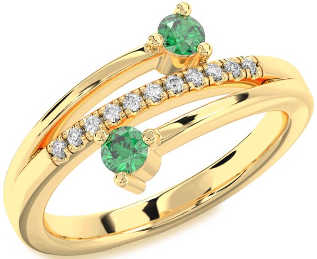 Diamond Emerald Gold Round Two Stone Birthstone Ring