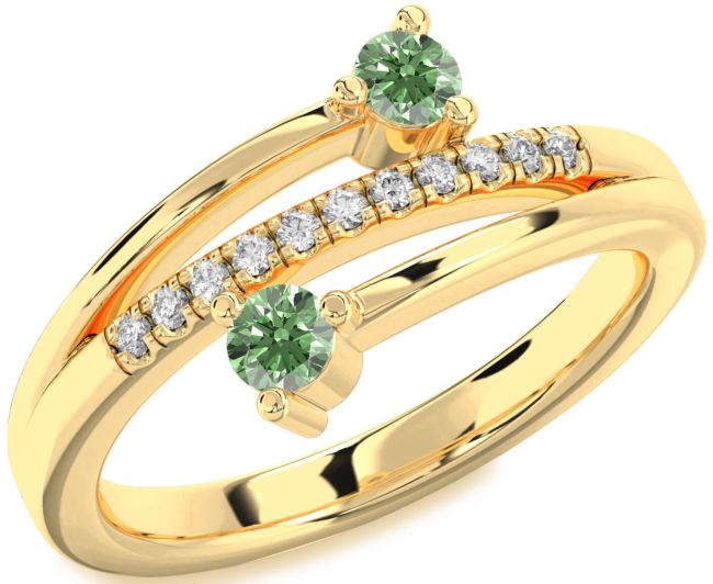 Green Diamond Gold Silver Round Two Stone Ring
