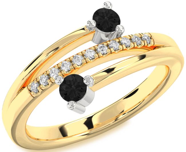 Black Diamond Gold Silver Round Two Stone Ring