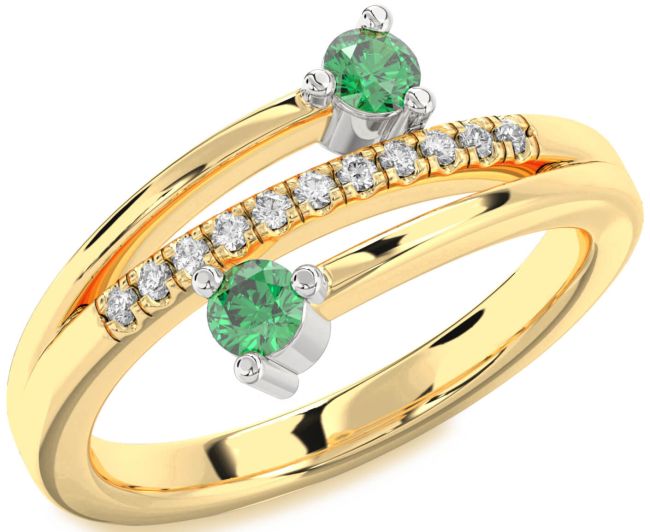 Diamond Emerald Gold Silver Round Two Stone Birthstone Ring