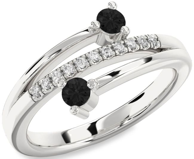 Black Diamond Silver Round Two Stone Ring