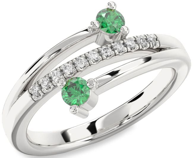 Diamond Emerald Silver Round Two Stone Birthstone Ring