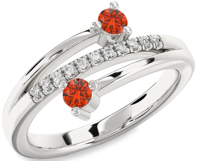 Diamond Fire Opal Silver Round Two Stone Ring