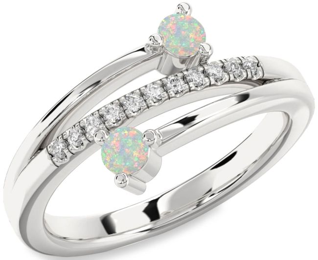 Diamond Opal Silver Round Two Stone Birthstone Ring
