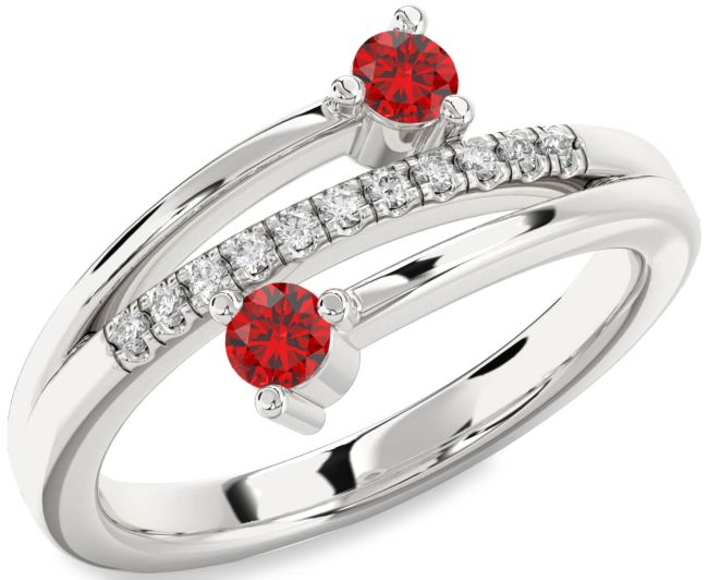 Diamond Ruby Silver Round Two Stone Birthstone Ring