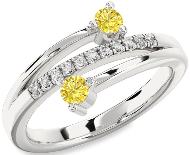 Yellow Diamond Silver Round Two Stone Ring