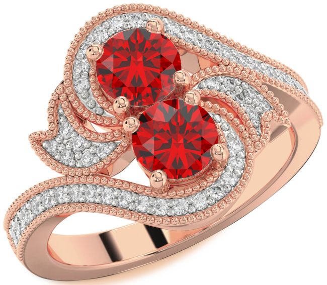 Diamond Ruby Rose Gold Round Two Stone Birthstone Ring
