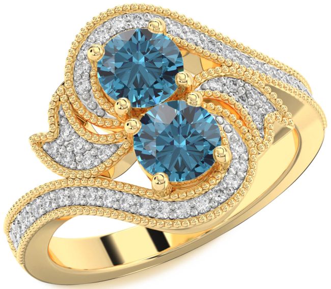 Blue Diamond Gold Round Two Stone Ring