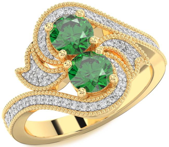 Diamond Emerald Gold Round Two Stone Birthstone Ring