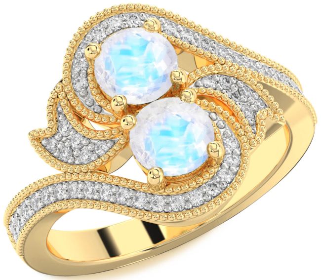 Diamond Moonstone Gold Silver Round Two Stone Ring