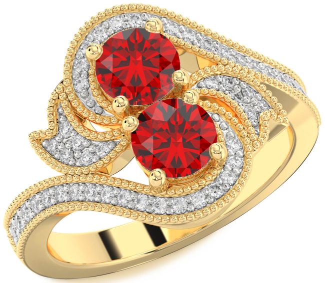 Diamond Ruby Gold Round Two Stone Birthstone Ring
