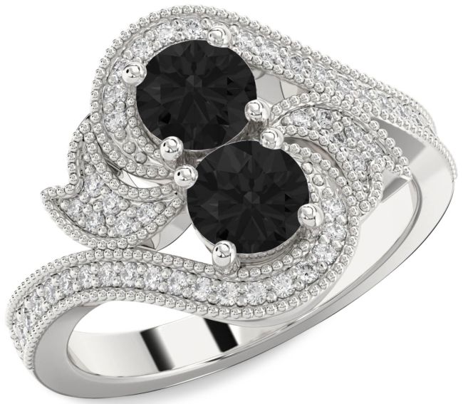 Black Diamond Silver Round Two Stone Ring