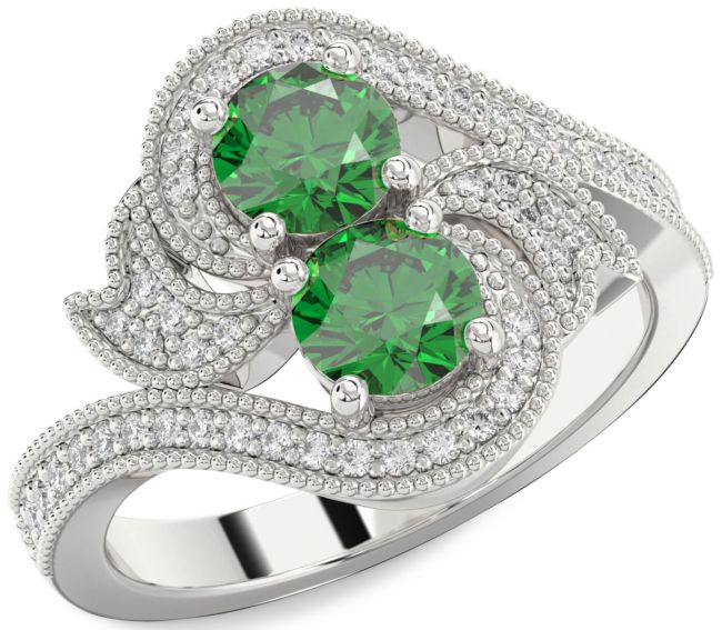 Diamond Emerald Silver Round Two Stone Birthstone Ring