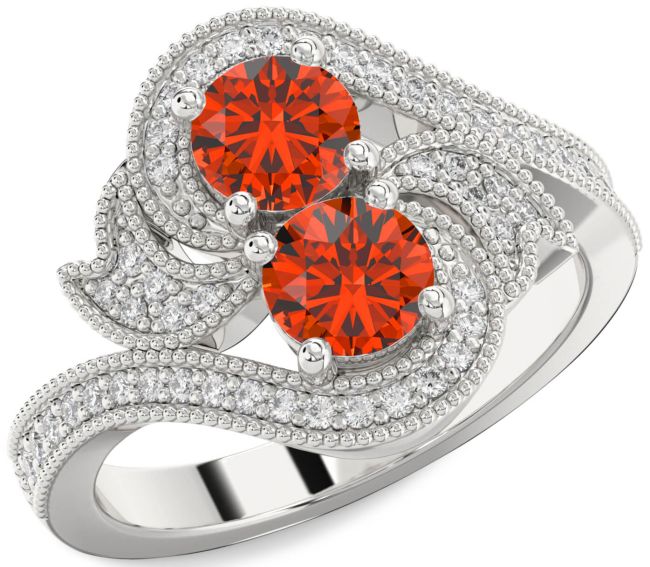 Diamond Fire Opal Silver Round Two Stone Ring