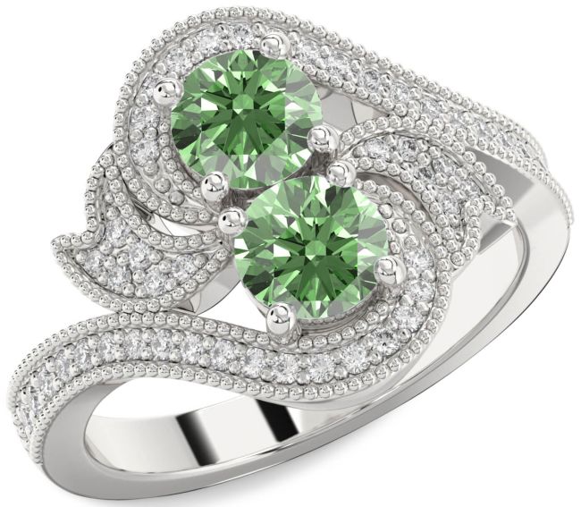 Green Diamond Silver Round Two Stone Ring