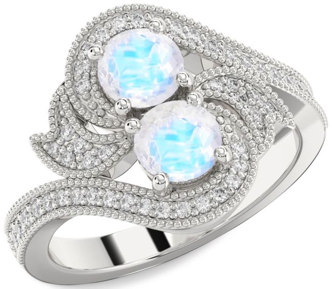 Diamond Moonstone Silver Round Two Stone Ring