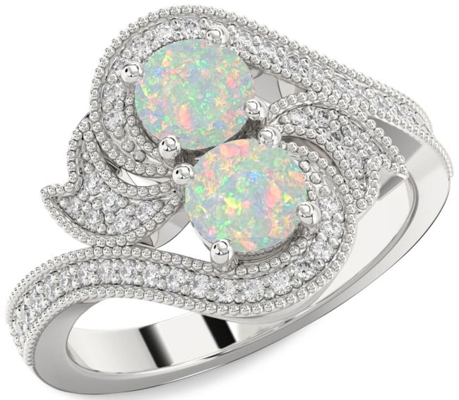 Diamond Opal Silver Round Two Stone Birthstone Ring