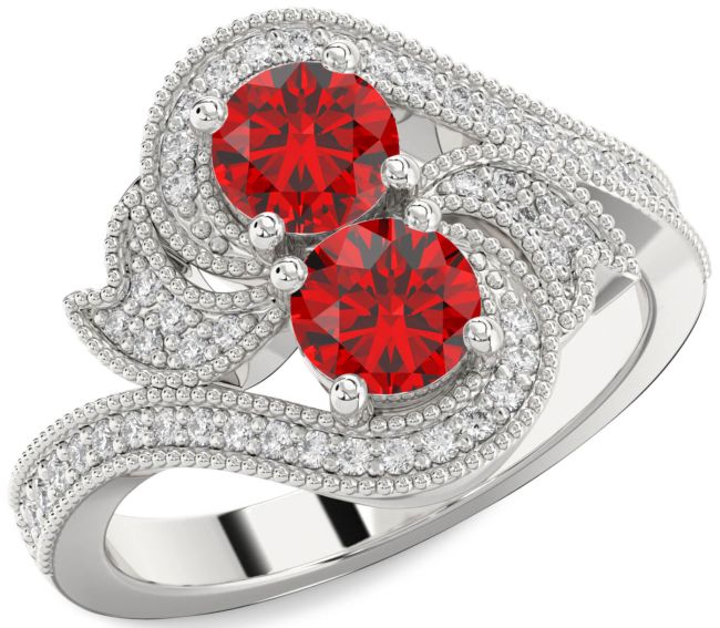 Diamond Ruby Silver Round Two Stone Birthstone Ring