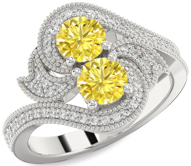 Yellow Diamond Silver Round Two Stone Ring