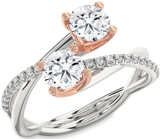 Diamond Rose Gold Silver Round Two Stone Ring