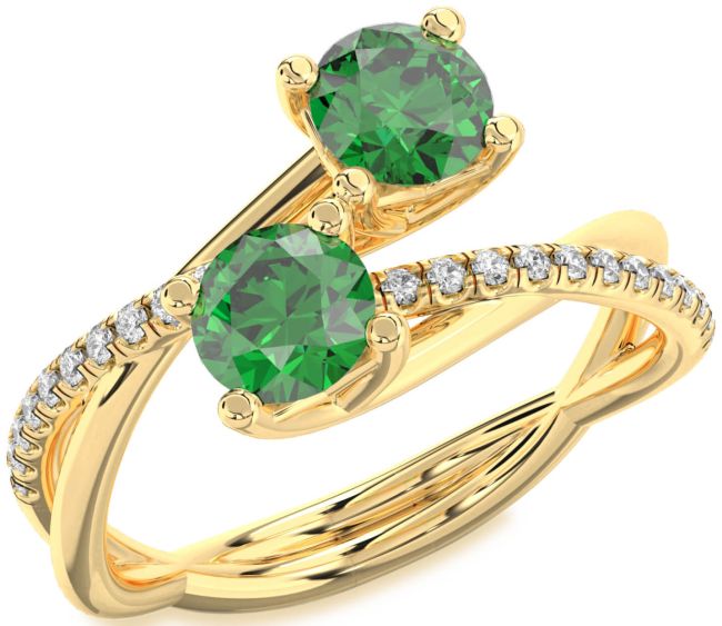 Diamond Emerald Gold Silver Round Two Stone Birthstone Ring