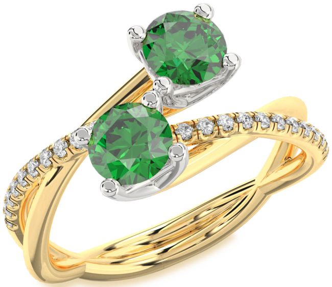 Diamond Emerald Gold Silver Round Two Stone Birthstone Ring