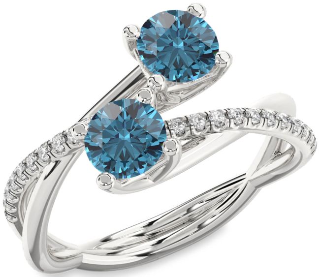 Blue Diamond Silver Round Two Stone Ring