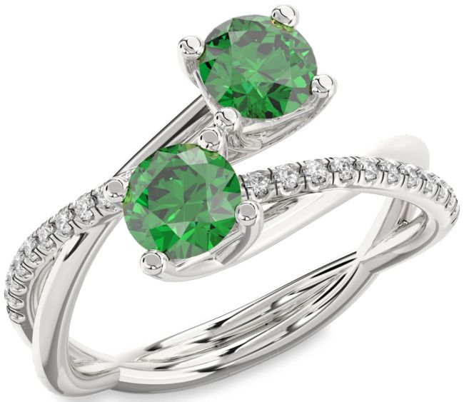 Diamond Emerald Silver Round Two Stone Birthstone Ring