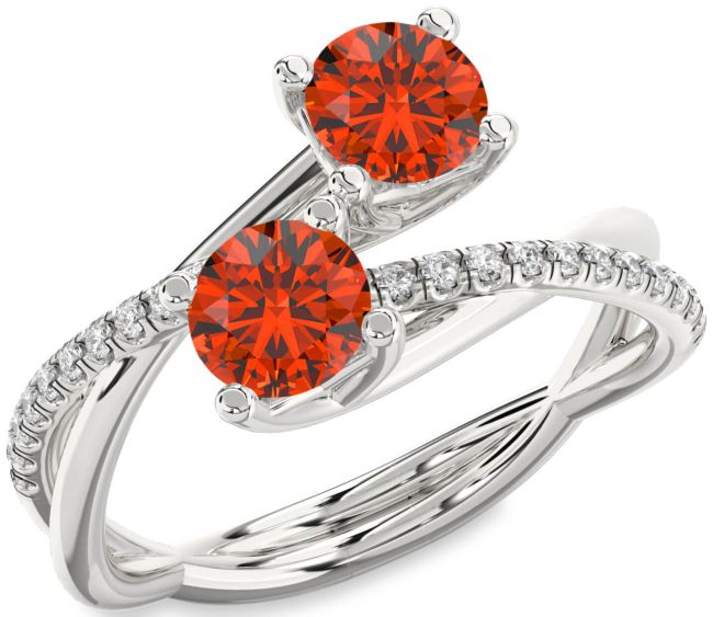 Diamond Fire Opal Silver Round Two Stone Ring
