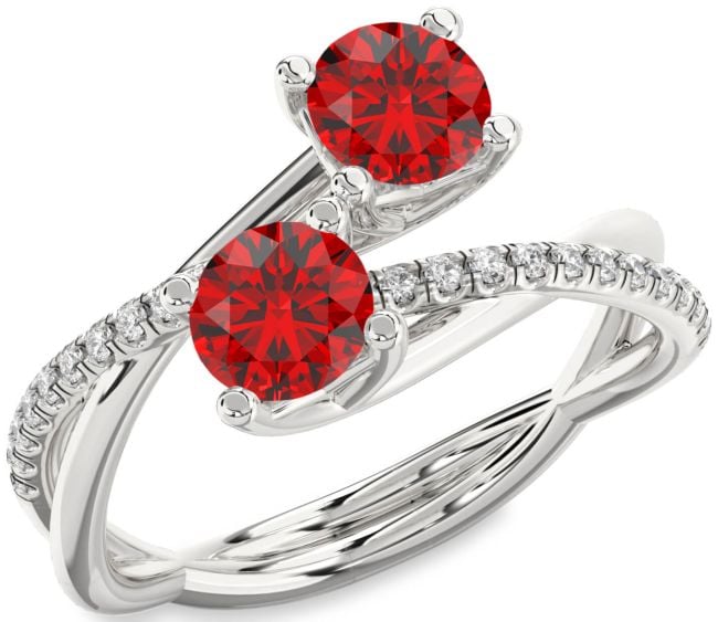 Diamond Ruby Silver Round Two Stone Birthstone Ring