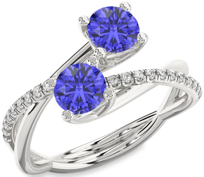 Diamond Tanzanite Silver Round Two Stone Ring
