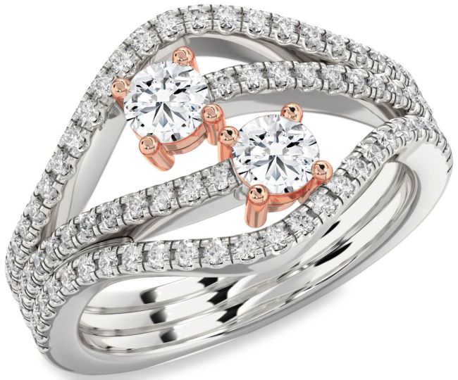 Diamond Rose Gold Silver Round Two Stone Pave Ring