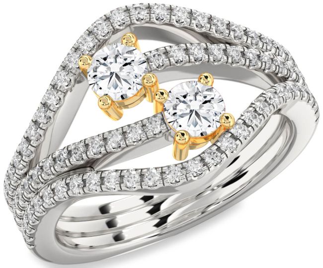 Diamond White Yellow Gold Round Two Stone Pave Ring