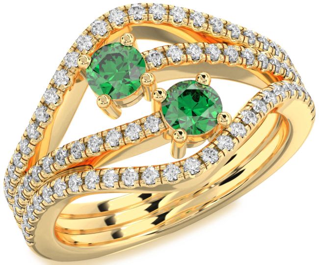 Diamond Emerald Gold Round Two Stone Pave Birthstone Ring