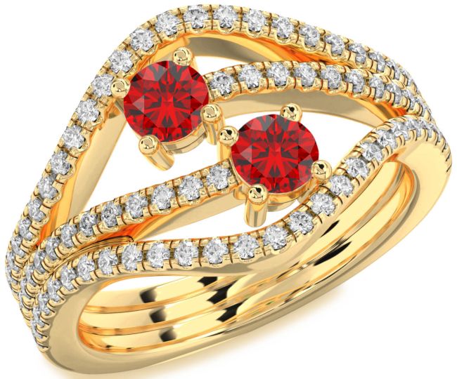 Diamond Ruby Gold Round Two Stone Pave Birthstone Ring