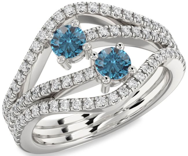Blue Diamond Silver Round Two Stone Pave Ring