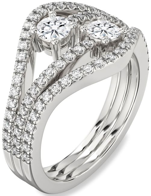 Lab Diamond Silver Round Two Stone Pave Ring