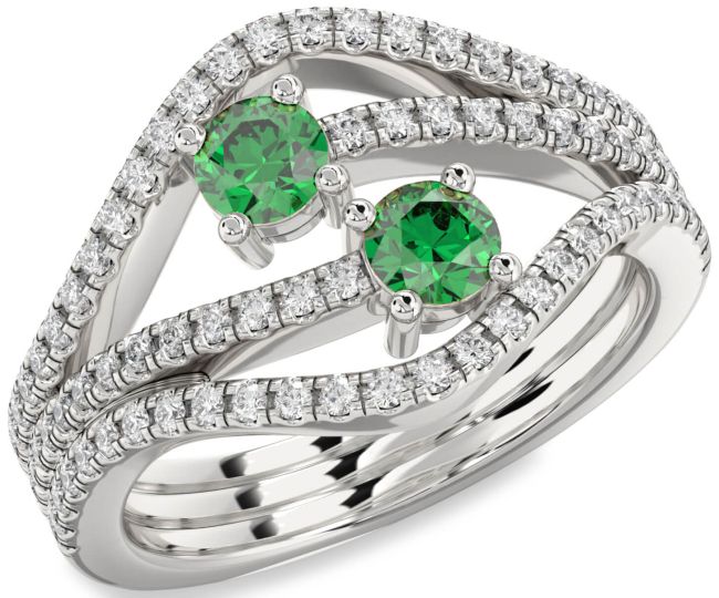Diamond Emerald Silver Round Two Stone Pave Birthstone Ring
