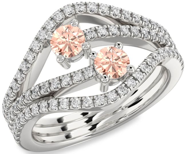 Diamond Morganite Silver Round Two Stone Pave Ring