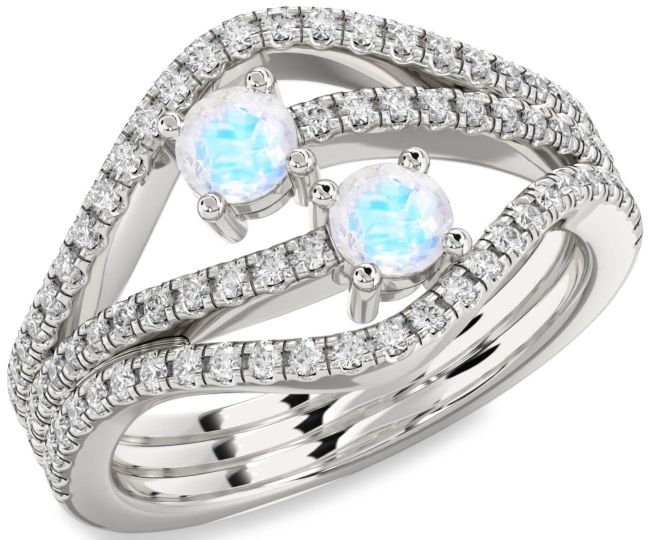 Diamond Moonstone Silver Round Two Stone Pave Ring