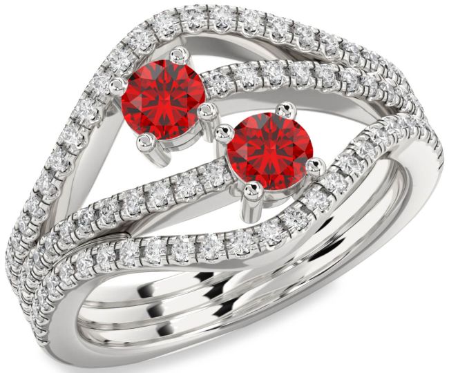 Diamond Ruby Silver Round Two Stone Pave Birthstone Ring